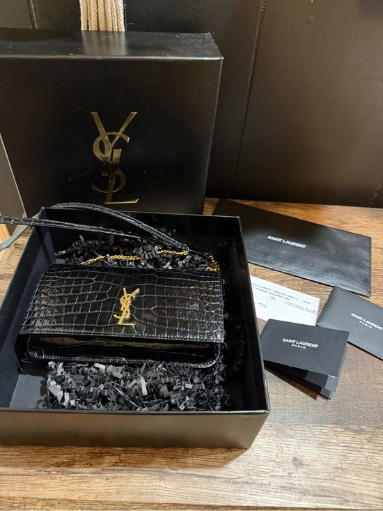 Saint Laurent Handbags - Saint Laurent Black Croc-Embossed YSL Chain Wallet with Gold Hardware